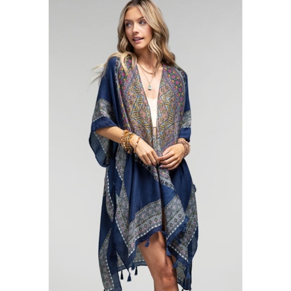 Azura Navy Ethnic Motif Print Tassel Kimono Wrap Open Coverup Top One Size - Picture 3 of 6